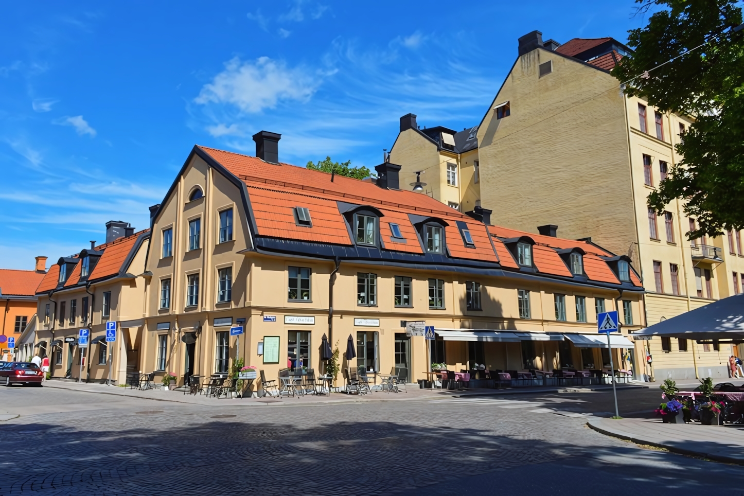 Downtown street corner in Uppsala